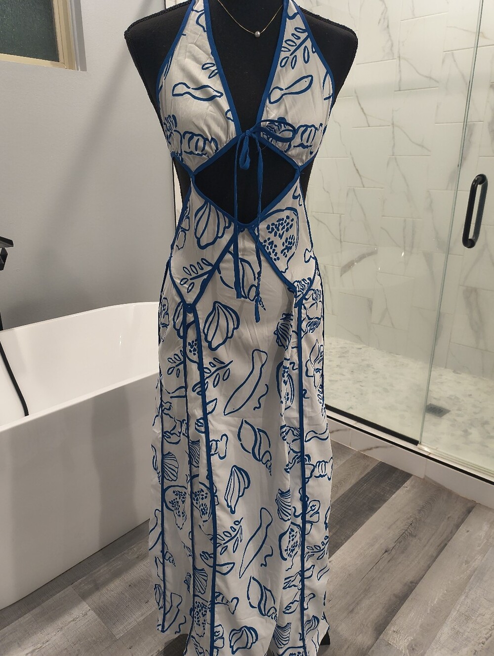 Blue & White Tie-Front Halter Maxi Dress